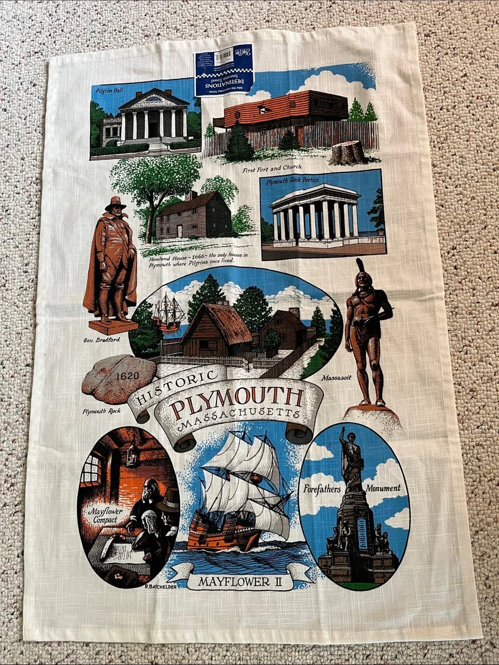 Historic Plymouth Massachusetts Linen Tea Towel - Cream with Multi-Color
